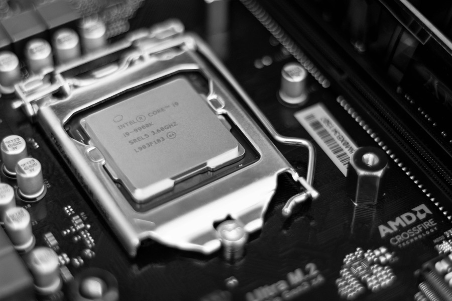 Close view of a processor seated in a motherboard socket