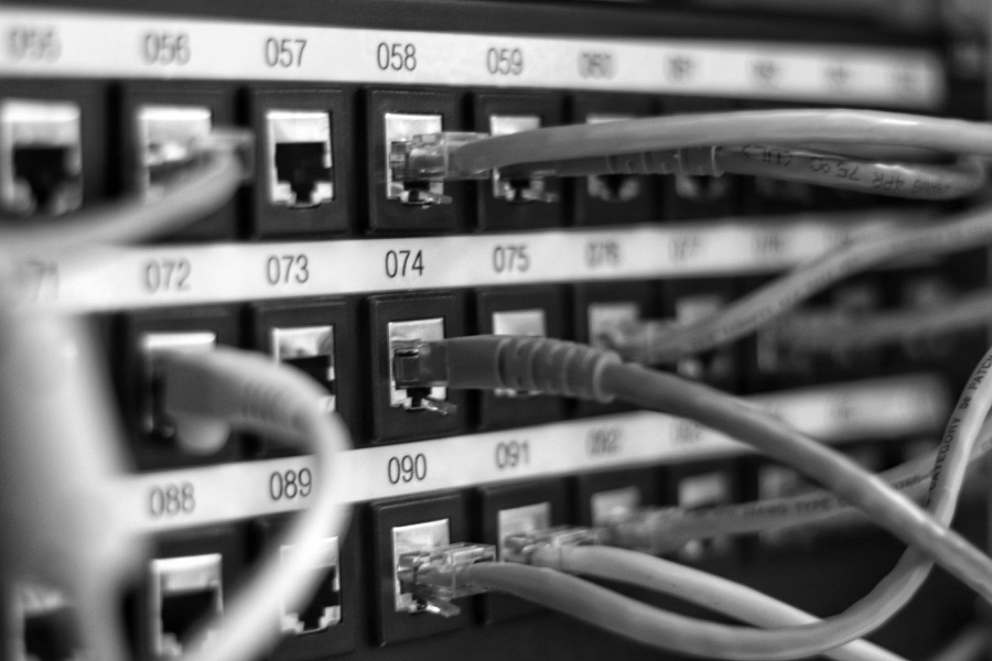 Ethernet cables plugged into a numbered patch panel